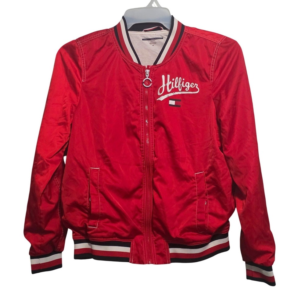Tommy Hilfiger Sport Womens‎ Red Bomber Jacket Varsity Full Zip Embroidered Sz M